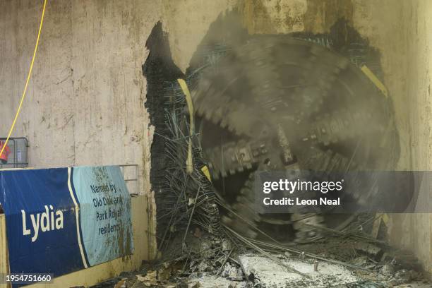 Lydia, an 847 tonne tunnel boring machine breaks through into the underground box at HS2's Old Oak Common station site on January 23, 2024 in London,...