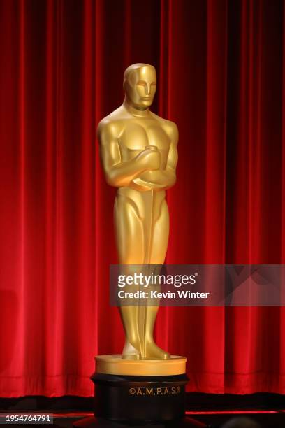 View of an Oscar statue on stage at the 96th Oscars nominations announcement at Samuel Goldwyn Theater on January 23, 2024 in Beverly Hills,...