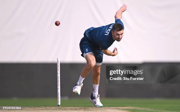 England bowler Mark Wood in bowling action during the England Net Session at Rajiv Gandhi International Stadium ahead of the First Test Match against...