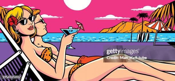 sommer, paar am strand pop art - pärchen genießt urlaub sonnenbrille stock-grafiken, -clipart, -cartoons und -symbole