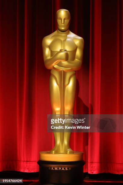 View of an Oscar statue on stage at the 96th Oscars nominations announcement at Samuel Goldwyn Theater on January 23, 2024 in Beverly Hills,...