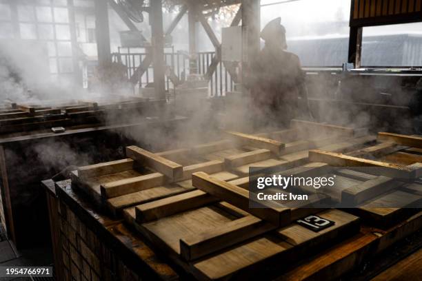 baozi cooked by steam of hot spring in bamboo container in japan - spice basket stock pictures, royalty-free photos & images