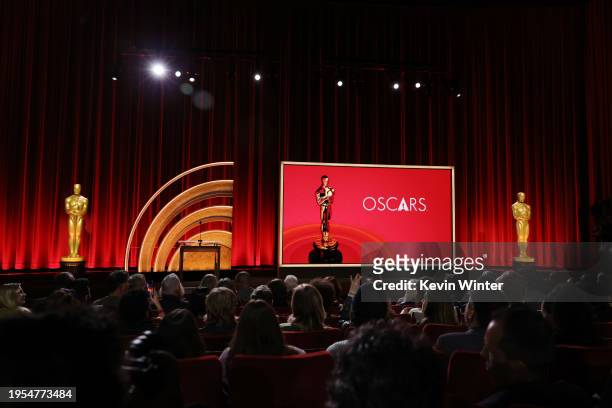 View of the stage before the 96th Oscars nominations announcement begins at Samuel Goldwyn Theater on January 23, 2024 in Beverly Hills, California.