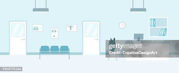 ilustraciones, imágenes clip art, dibujos animados e iconos de stock de sala de espera vacía en el hospital con mostrador de recepción, asientos y consultorios médicos - oficina