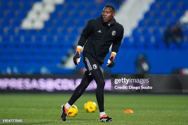 Loic Badiashile of Burgos CF looks on prior the game the LaLiga Hypermotion match between CD Leganes and Burgos CF at Estadio Municipal de Butarque...