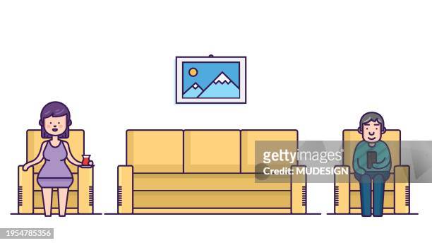 mother and father on couch sitting alone - busy life stock illustrations
