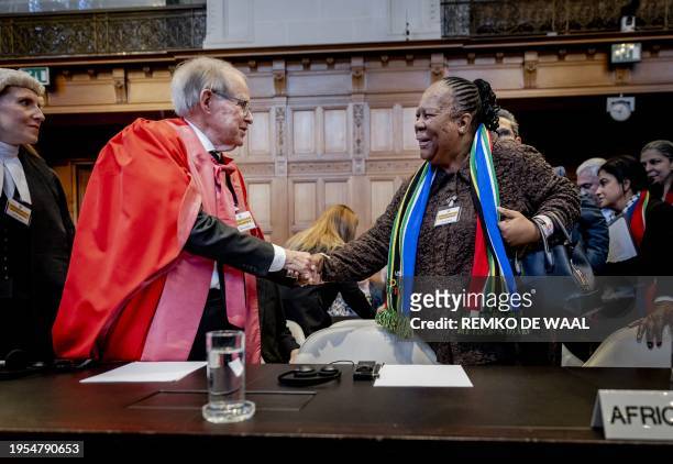 South African professor of International Law John Dugard and South African Minister of International Relations and Cooperation Naledi Pandor arrive...