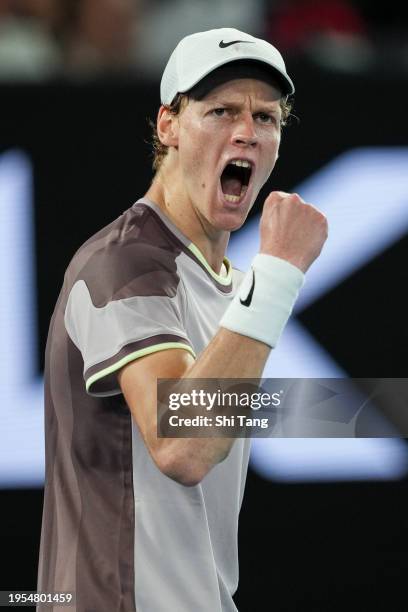Jannik Sinner of Italy reacts in the Men's Singles Quarter Finals match against Andrey Rublev during day ten of the 2024 Australian Open at Melbourne...