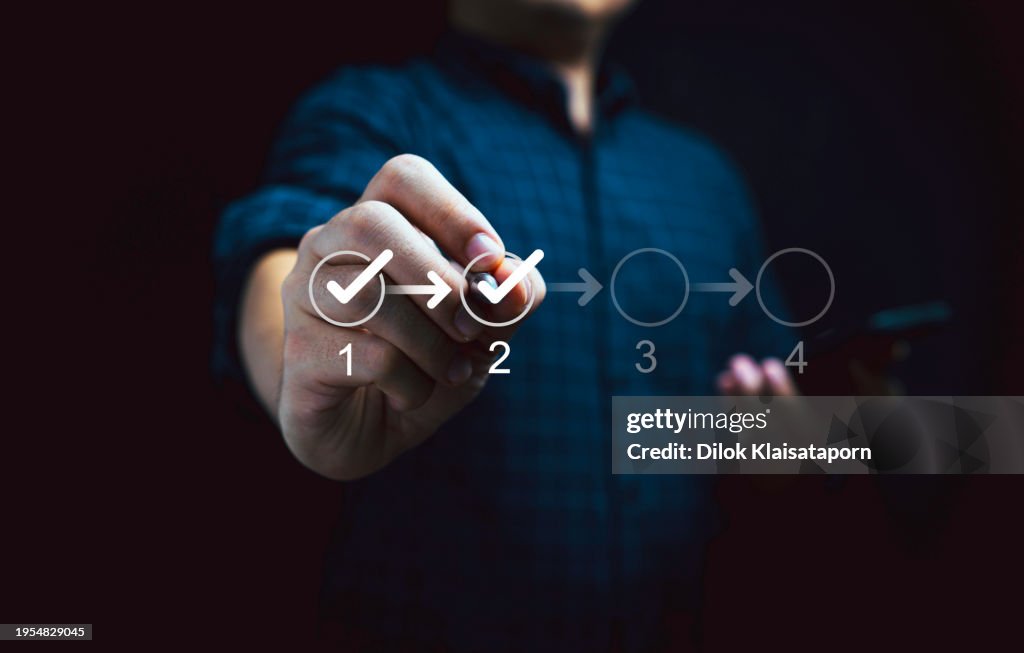 Touching Key Task Businessman Touching To Tick Correct Mark In Checklist To Remind Work ...