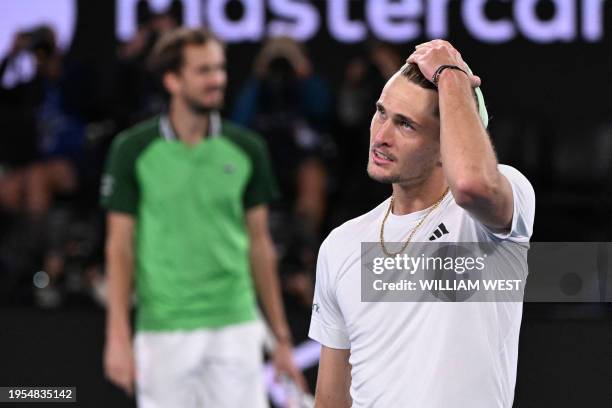 Germany's Alexander Zverev reacts after losing to Russia's Daniil Medvedev in their men's singles semi-final match on day 13 of the Australian Open...