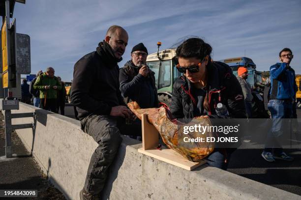 Protesting farmers and winegrowers from Narbonne and the surrounding areas slice ham along the roadside as they occupy the A9 autoroute during a...