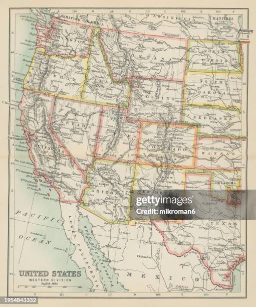 old chromolithograph map of united states of america - western division - file nevada population map.png stock pictures, royalty-free photos & images