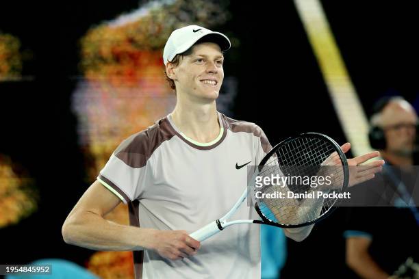 Jannik Sinner of Italy celebrates match point in their quarterfinals singles match against Andrey Rublev during the 2024 Australian Open at Melbourne...