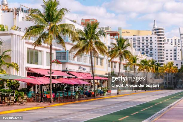 art deco district with colourful vibrant hotels and palm trees along ocean drive - miami foto e immagini stock