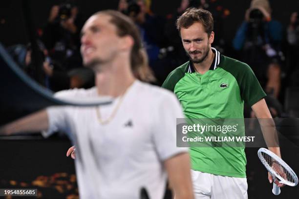 Germany's Alexander Zverev greets the umpire after losing to Russia's Daniil Medvedev in their men's singles semi-final match on day 13 of the...