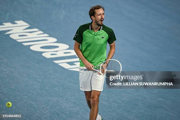 Russia's Daniil Medvedev celebrates after victory against Germany's Alexander Zverev during their men's singles semi-final match on day 13 of the...