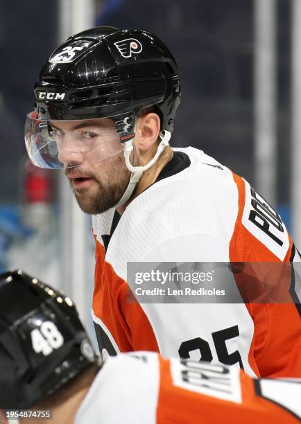 Ryan Poehling of the Philadelphia Flyers looks on during warm-ups prior to his game against the Dallas Stars at the Wells Fargo Center on January 18,...