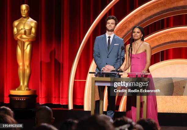 Jack Quaid and Zazie Beetz present the 96th Oscars Nominations Announcement at Samuel Goldwyn Theater on January 23, 2024 in Beverly Hills,...
