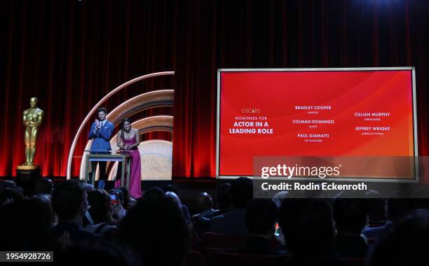 Jack Quaid and Zazie Beetz present the nominees for Best Actor in a Leading Role at the 96th Oscars Nominations Announcement at Samuel Goldwyn...