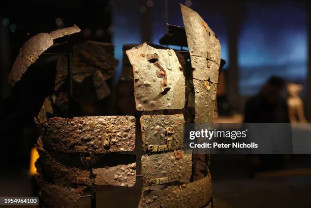 Detail of a Roman legionary's articulated cuirass armour is seen on display ahead of the "Legion life in the Roman army" exhibition soon to open at...