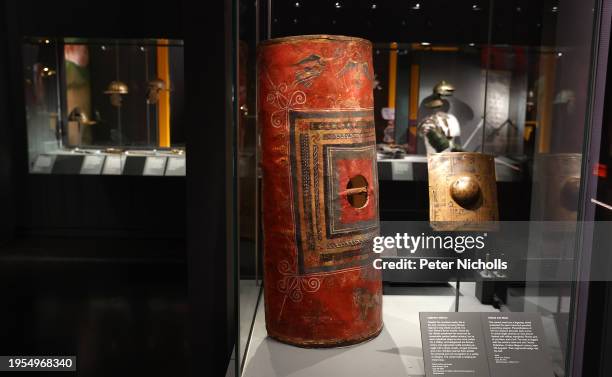 The only complete surviving legionary long shield is seen on display ahead of the "Legion life in the Roman army" exhibition soon to open at the...