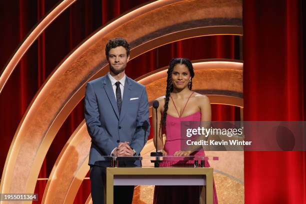 Jack Quaid and Zazie Beetz speak onstage at the 96th Oscars nominations announcement at Samuel Goldwyn Theater on January 23, 2024 in Beverly Hills,...