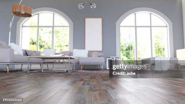 modern living room interior low angle shot - hardwood stock pictures, royalty-free photos & images