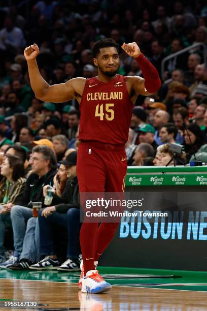 Donovan Mitchell of the Cleveland Cavaliers celebrates during the second half against the Boston Celtics at TD Garden on December 14, 2023 in Boston,...