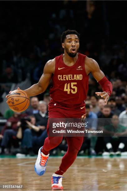 Donovan Mitchell of the Cleveland Cavaliers during the second quarter against the Boston Celtics at TD Garden on December 14, 2023 in Boston,...