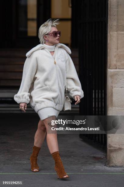 Florence Pugh is seen during Paris Fashion Week Haute Couture Spring/ Summer 2024 on January 23, 2024 in Paris, France.