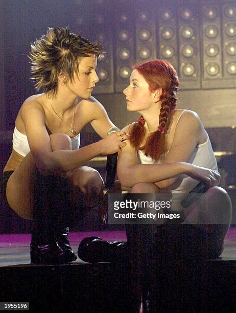 Russian pop duo tATu, including Julia Volkova and Lena Katina, perform February 11, 2003 in Hradec Kralove, Czech Republic. The band has shot to the...