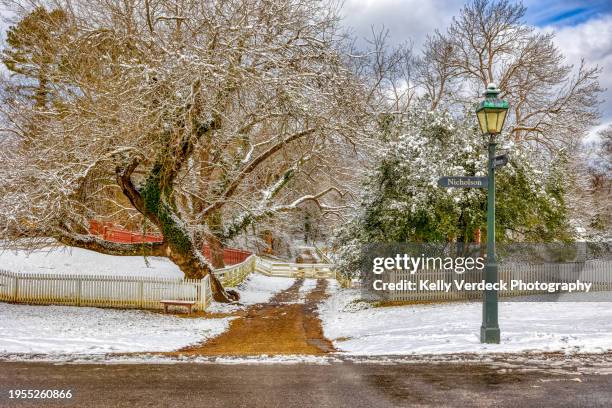 snowy winter view, colonial williamsburg - williamsburg virginia stock pictures, royalty-free photos & images