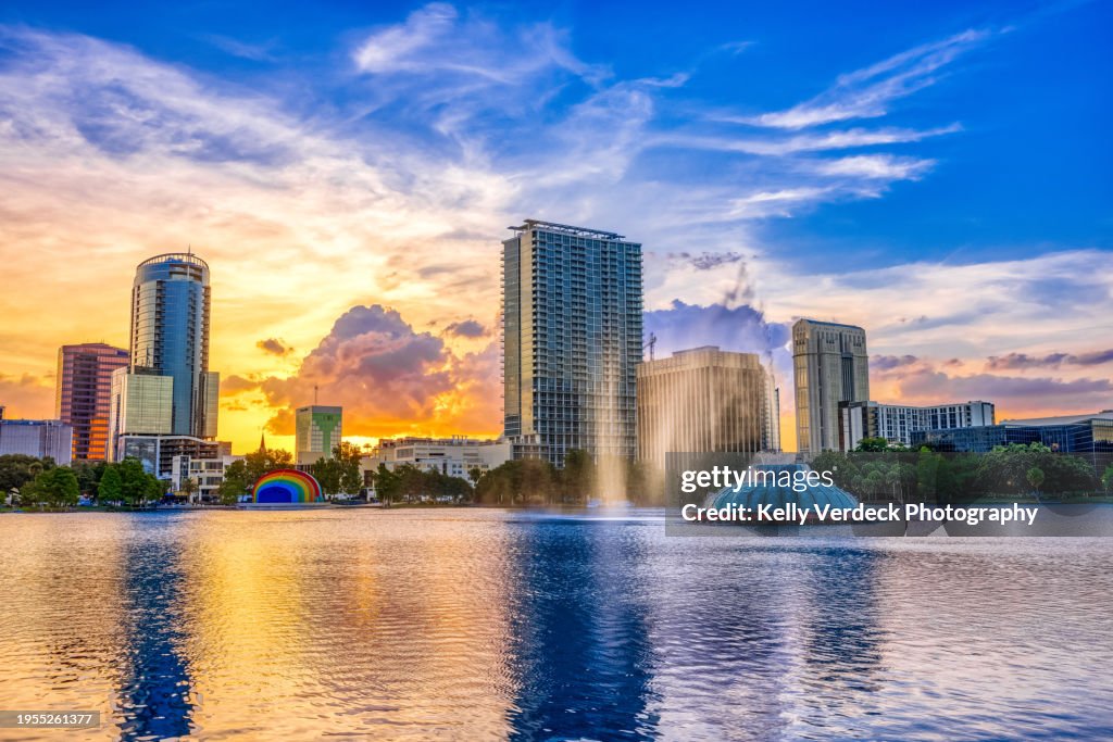 Lake Eola and Orlando Skyline with Sunset and Clouds, Orlando FL