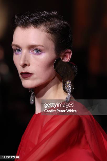 Model, beauty detail, walks the runway during the Georges Chakra Haute Couture Spring/Summer 2024 show as part of Paris Fashion Week on January 23,...
