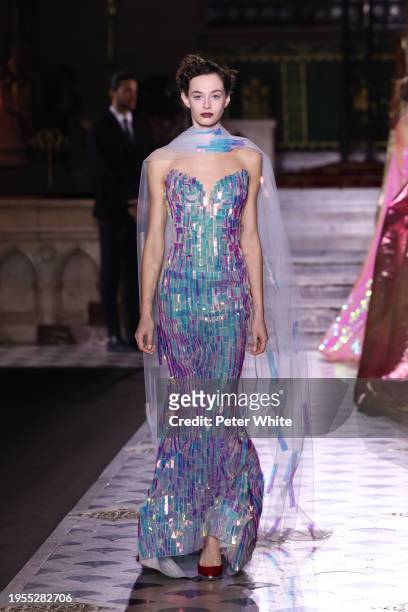 Model walks the runway during the Georges Chakra Haute Couture Spring/Summer 2024 show as part of Paris Fashion Week on January 23, 2024 in Paris,...
