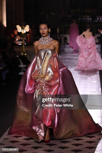 Model walks the runway during the Georges Chakra Haute Couture Spring/Summer 2024 show as part of Paris Fashion Week on January 23, 2024 in Paris,...
