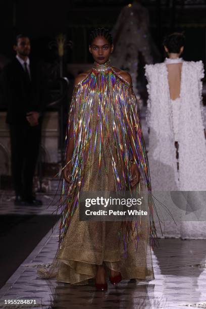 Model walks the runway during the Georges Chakra Haute Couture Spring/Summer 2024 show as part of Paris Fashion Week on January 23, 2024 in Paris,...