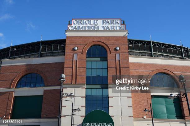General overall view of the Oriole Park at Camden Yards main entrance on January 21, 2024 in Baltimore, Maryland.