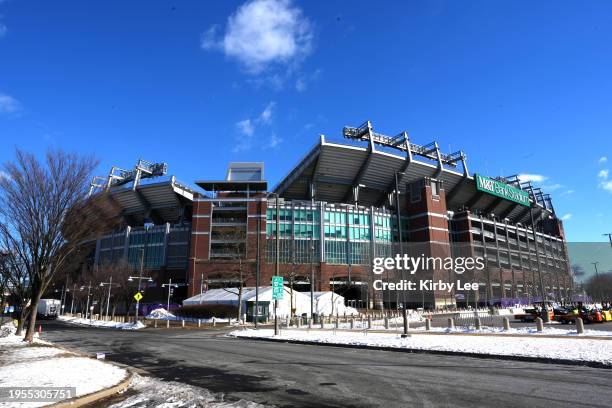 General overall view of snow outside of M&T Bank Stadium on January 21, 2024 in Baltimore, Maryland.