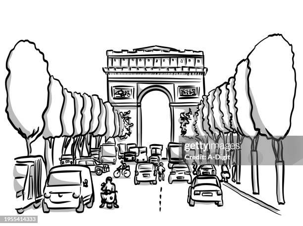 paris history and modernity sketch - paris street vector stock illustrations