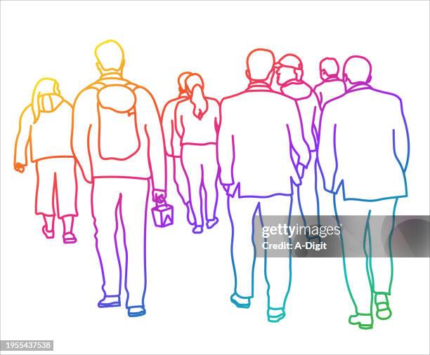 sidewalk crowd financial district rainbow - crowd from behind stock illustrations