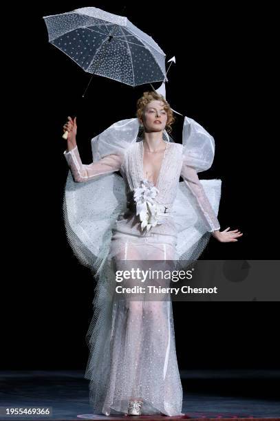 Model walks the runway during the Julien Fournié Haute Couture Spring/Summer 2024 show as part of Paris Fashion Week on January 23, 2024 in Paris,...