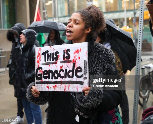 Pro-Palestinian demonstrators demanding ceasefire, attend a protest outside Consulate General of Israel in Toronto, Ontario on January 26, 2024.