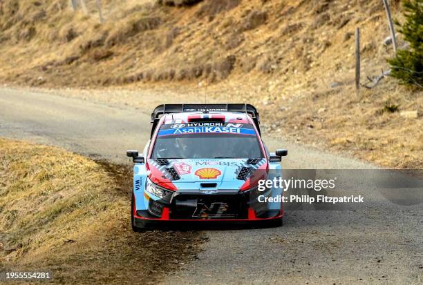 Monte Carlo , France - 26 January 2024; Andreas Mikkelsen and Torstein Eriksen in their Hyundai i20 N Rally1 Hybrid during day two of the FIA World...