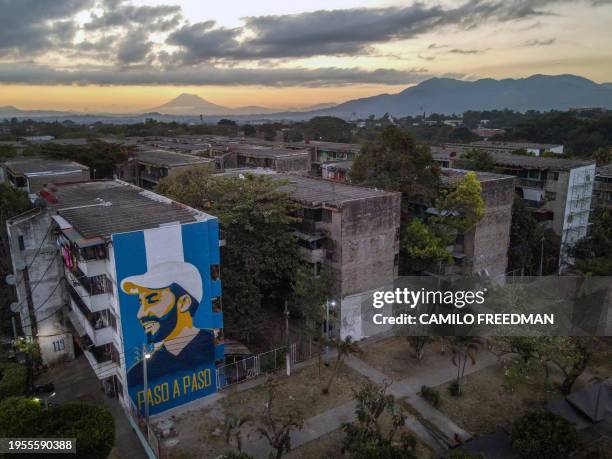 Aerial view of a mural at the Zacamil apartment complex depicting Salvadoran President Nayib Bukele, in Mejicanos, El Salvador, on January 26, 2024.