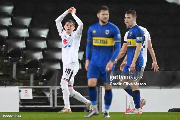 Max Dean of MK Dons celebrates scoring his team's second goal during the Sky Bet League Two match between Milton Keynes Dons and AFC Wimbledon at...