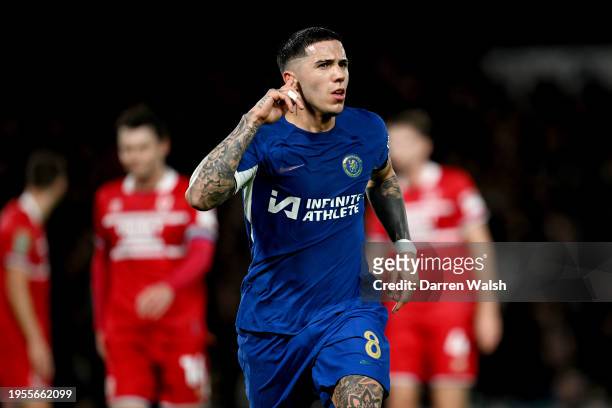 Enzo Fernandez of Chelsea celebrates scoring his team's second goal during the Carabao Cup Semi Final Second Leg match between Chelsea and...