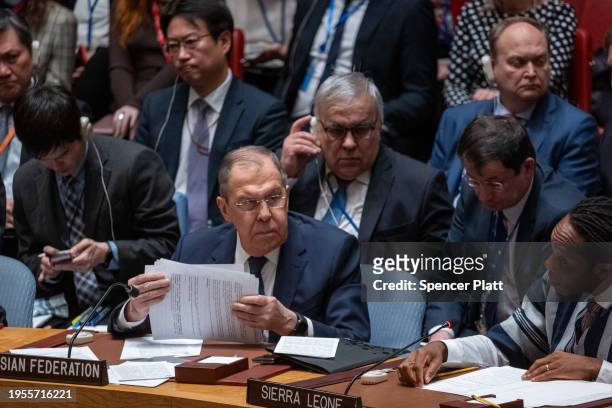 Russian Foreign Minister Sergey Lavrov attends a United Nations Security Council meeting on the Middle East, including the situation in Gaza and...