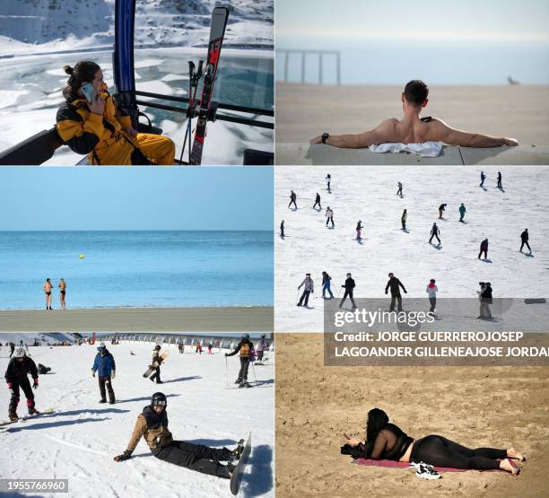 This combination of six pictures taken on January 26, 2024 shows a man talking on his smartphone in a cableway cabin in Sierra Nevada ski station,...