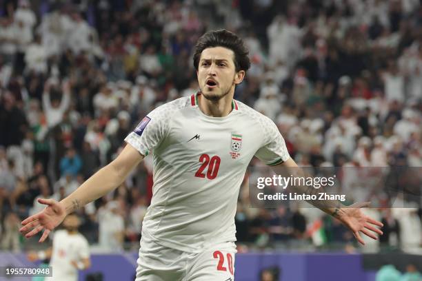 Sardar Azmoun of Iran celebrates during the AFC Asian Cup Group C match between Iran and United Arab Emirates at Education City Stadium on January...